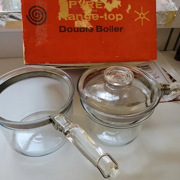 Vintage 1950's Pyrex Flameware 3pc Clear Glass Double Boiler SeComplete w/Lid - Picture 4 of 7